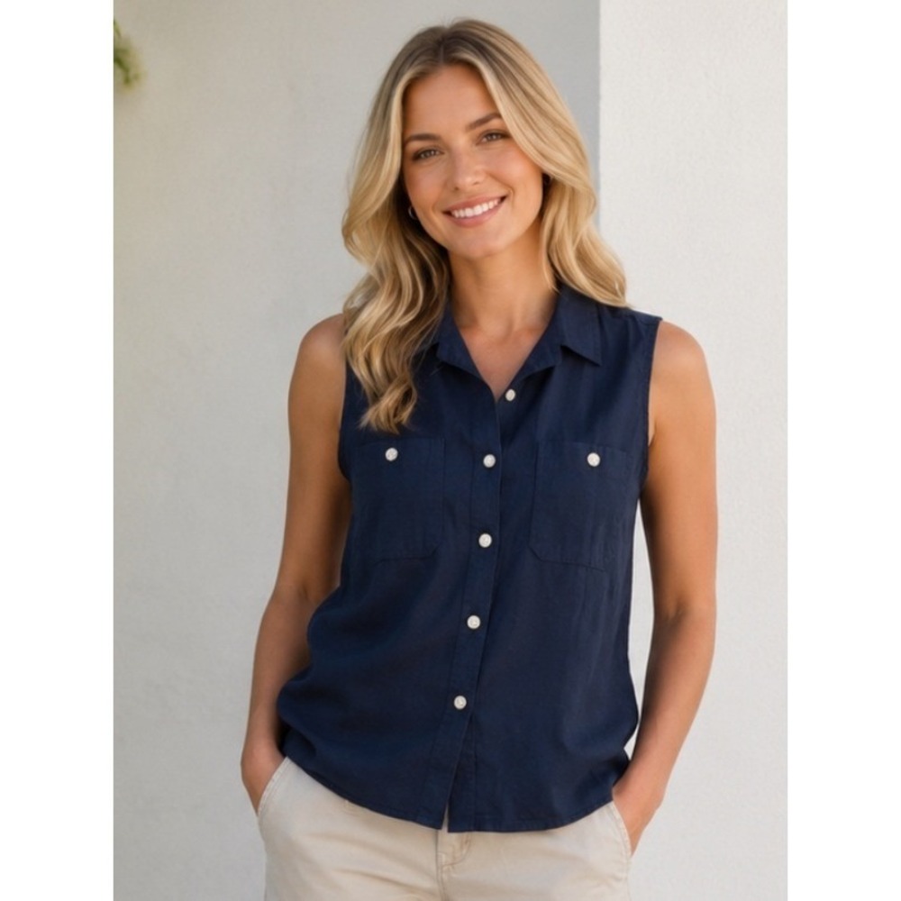 Chaus Sport Navy Blue Linen Cotton Sleeveless Button Down Shirt Women's 16 EUC